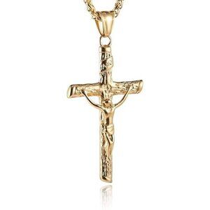 Gold - A Crucifix Cross Pendant Stainless Steel Jesus Necklace with 22+2“ Chain